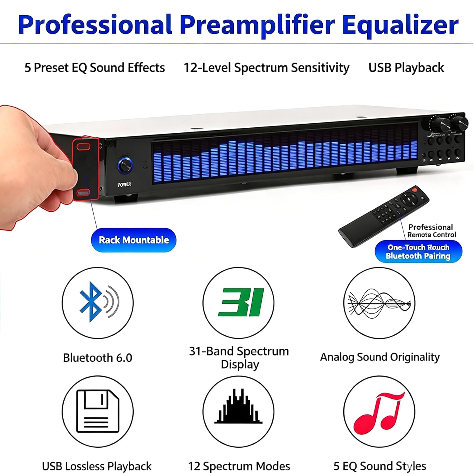 NGARY 31-pasmowy korektor cyfrowy, stereofoniczny korektor graficzny z 5 zaprogramowanymi efektami i 12 poziomami czułości; Wyjścia audio RCA/XLR; Wejścia optyczne, koncentryczne niebieskie