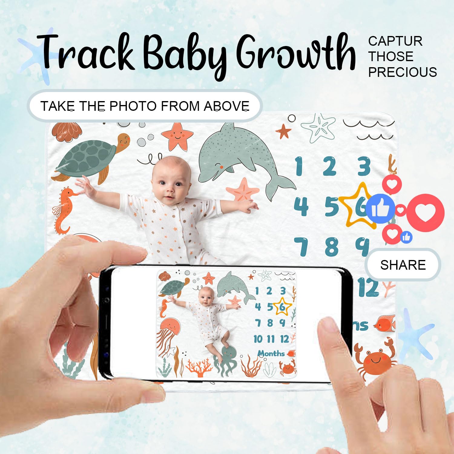 Ocean Baby - Manta mensual para niñas, manta de mes de recién nacido, manta de franela suave para fondo de fotografía, regalo de ducha personalizado, océano