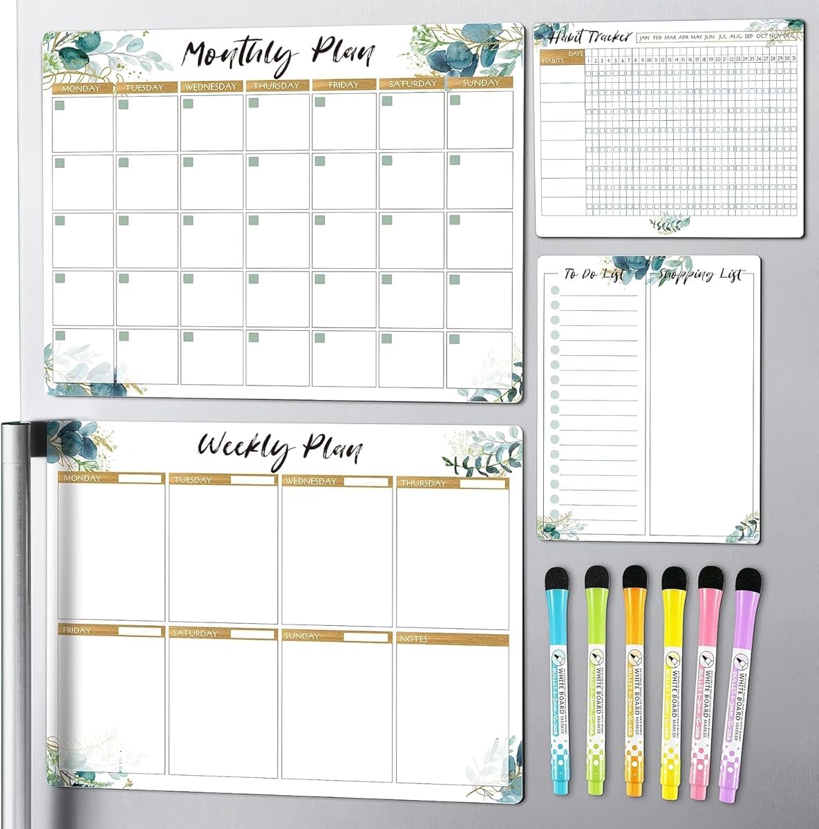 KYONANO 2026 Magnetic Dry Erase Monthly Calendar for Refrigerator-4 Pack Dry Erase Whiteboard for Fridge-Monthly Weekly Planner Whiteboard Calendar, To Do List and Habit Tracker Whiteboards Incl. 6 Markers