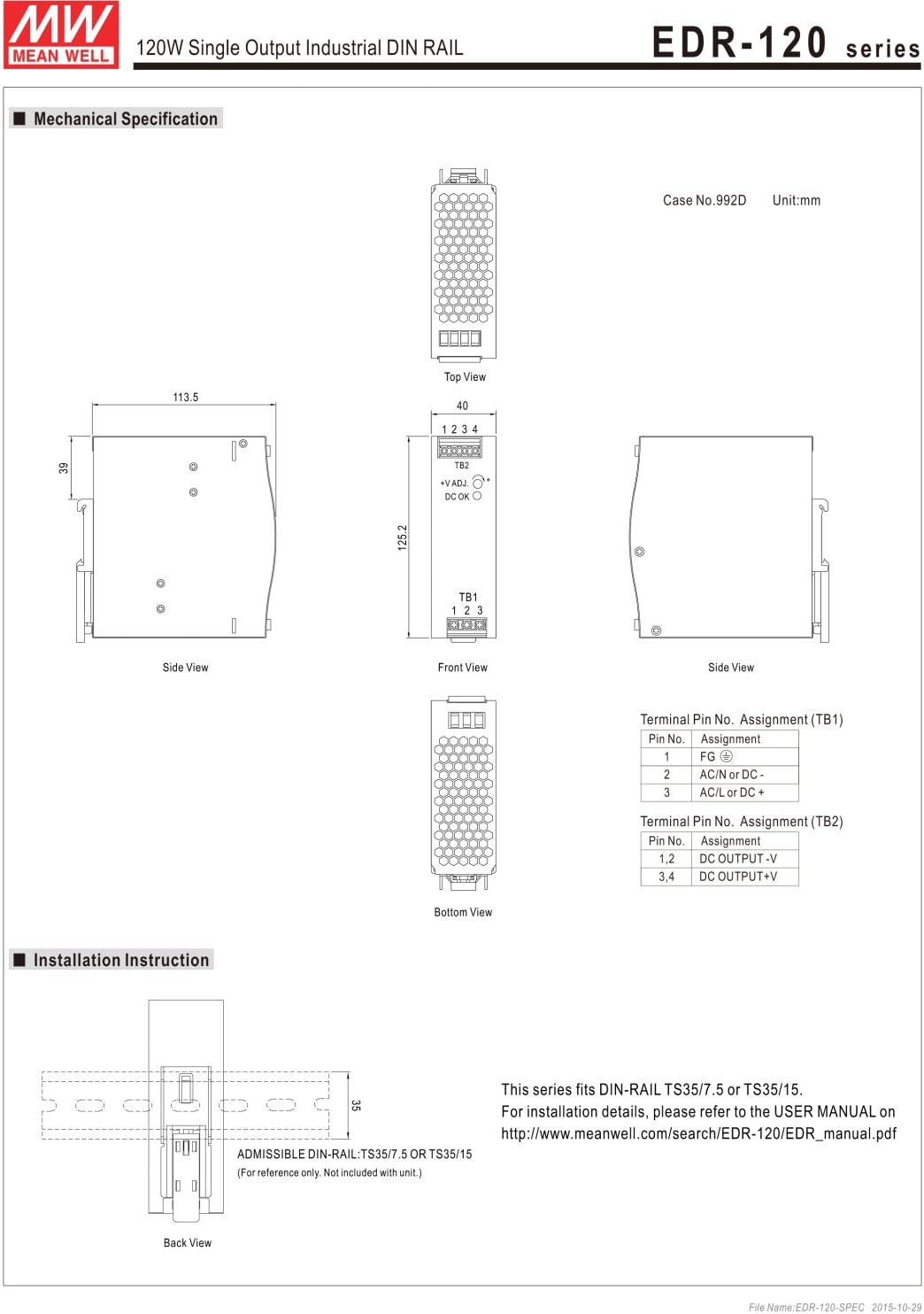 MEAN WELL EDR-120-12 120W 12VDC 10A AC/DC Industrial DIN Rail Power Supply