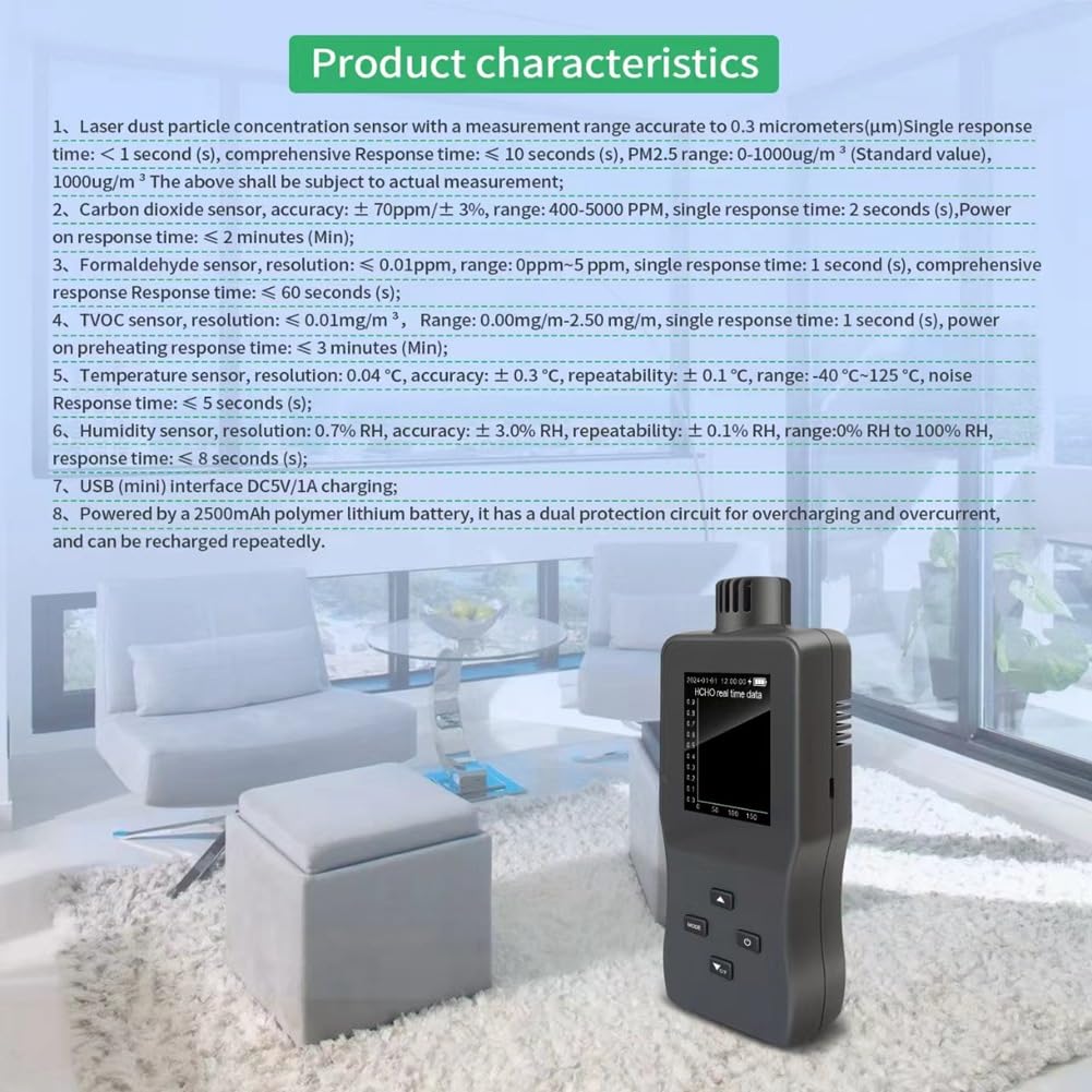 Monitor de Calidad del Aire en Interiores, Detector de CO₂/TVOC/PM2.5/Temperatura/Humedad, Sensor de Alta Precisión.