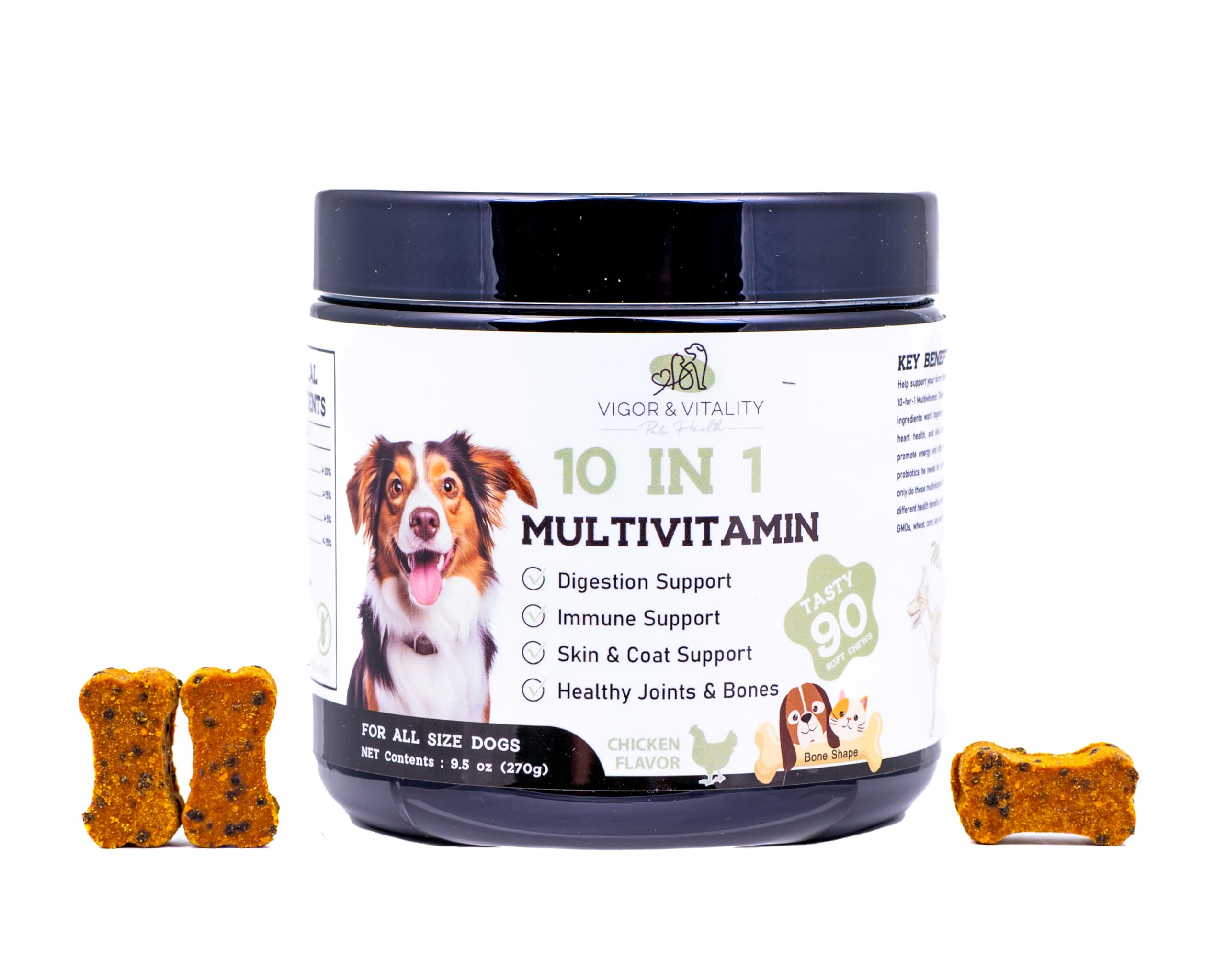 Vigor & Vitality 10 in 1 Multivitamin Chews, Supplements For Dogs, Skin & Coat Support, Digestive Health, Overall Wellbeing, Treats, 90 Chews (Chicken Flavour)
