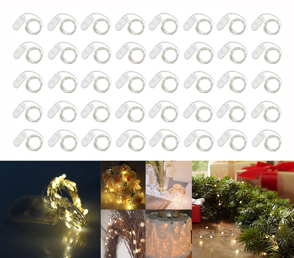 Unido Box 40 Pack, Warm White LED String Lights Silver-Plated Copper Wire Lights, Battery Operated, 7 feet, 20 LED's on Each String