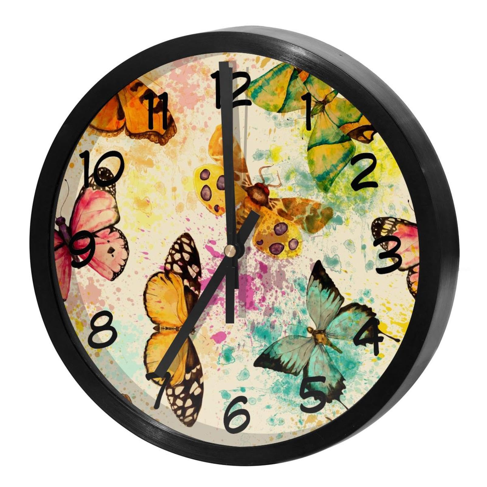 Horloge murale silencieuse à quartz vintage avec motif papillon coloré pour la cuisine et salon