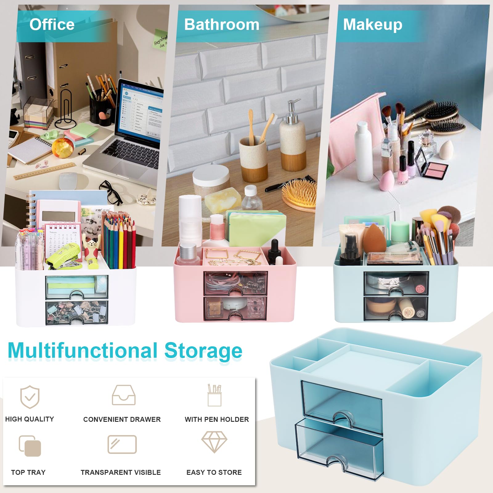 Meiikun Stift-Organizer aus Kunststoff, multifunktionaler Schreibtisch-Organizer mit 2 Schubladen, 4 Fächern und einer oberen Ablage, Stifthalter, Schreibtisch-Organizer und Zubehör für Büro, 19,6 x
