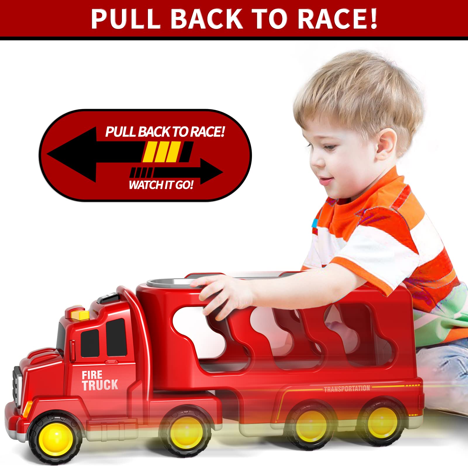 5-in-1 Feuerwehr LKW Spielzeug für Kinder, Reibungsbetriebene Transporter mit 4 Feuerwehrfahrzeugen Jahren für Jungen und Mädchen mit Lichtern und Geräuschen für Kleinkind 4 5 6