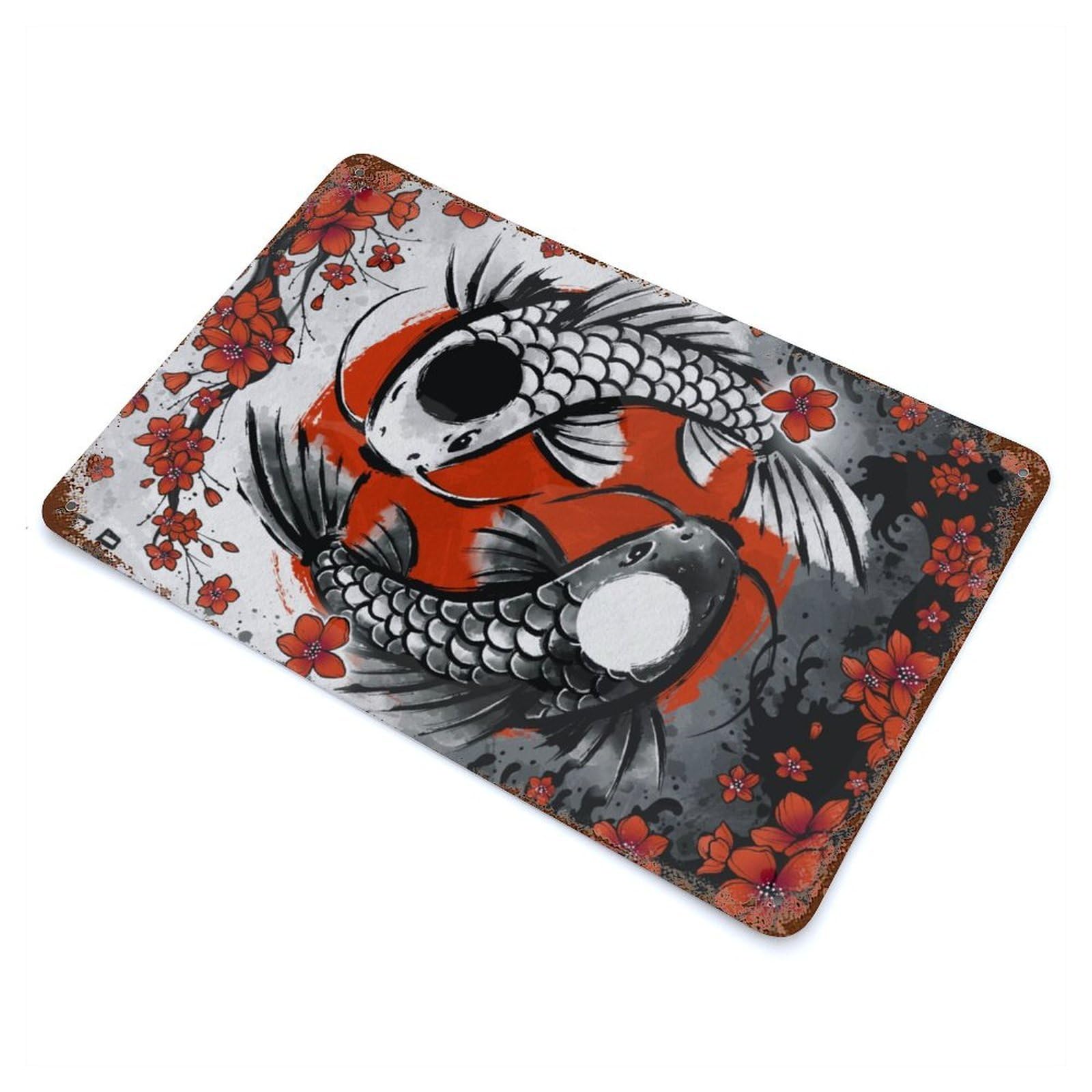 Japanese Koi Carp Ink Wash 11.8"x7.9" Aged Metal Wall Plaque, Novelty Wall Decor for Garage, Bar And Workshop Decor