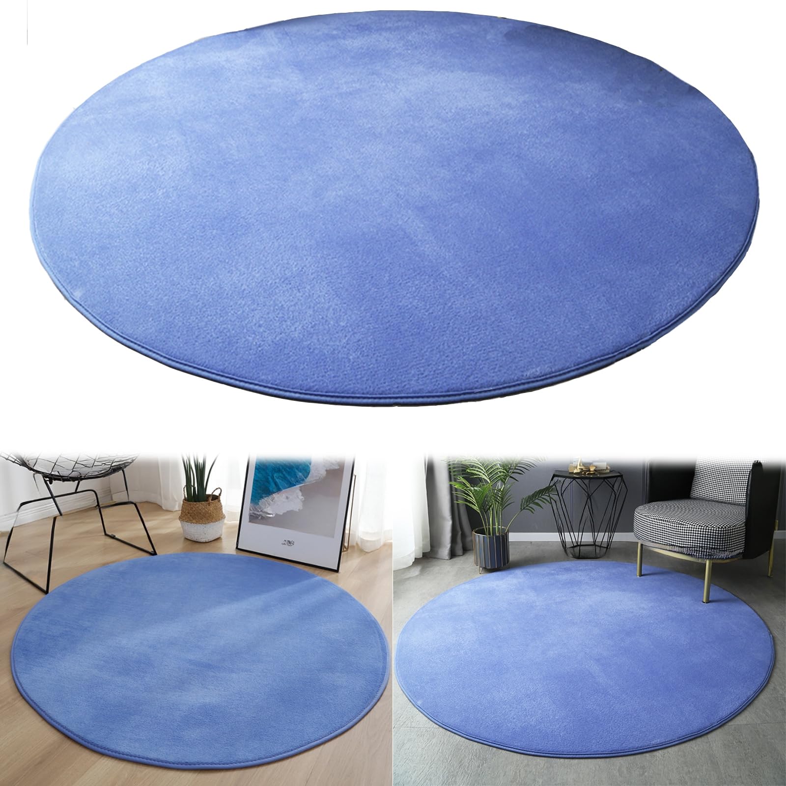 Redonda Alfombra Suave De Terciopelo Coral Alfombrilla Antideslizante Sólida Moderna Shaggy Alfombra Hall Entrada Para Sala De Estar, Habitación,Suave Y Fácil De Limpiar ,Dark blue,60cm/23.6in