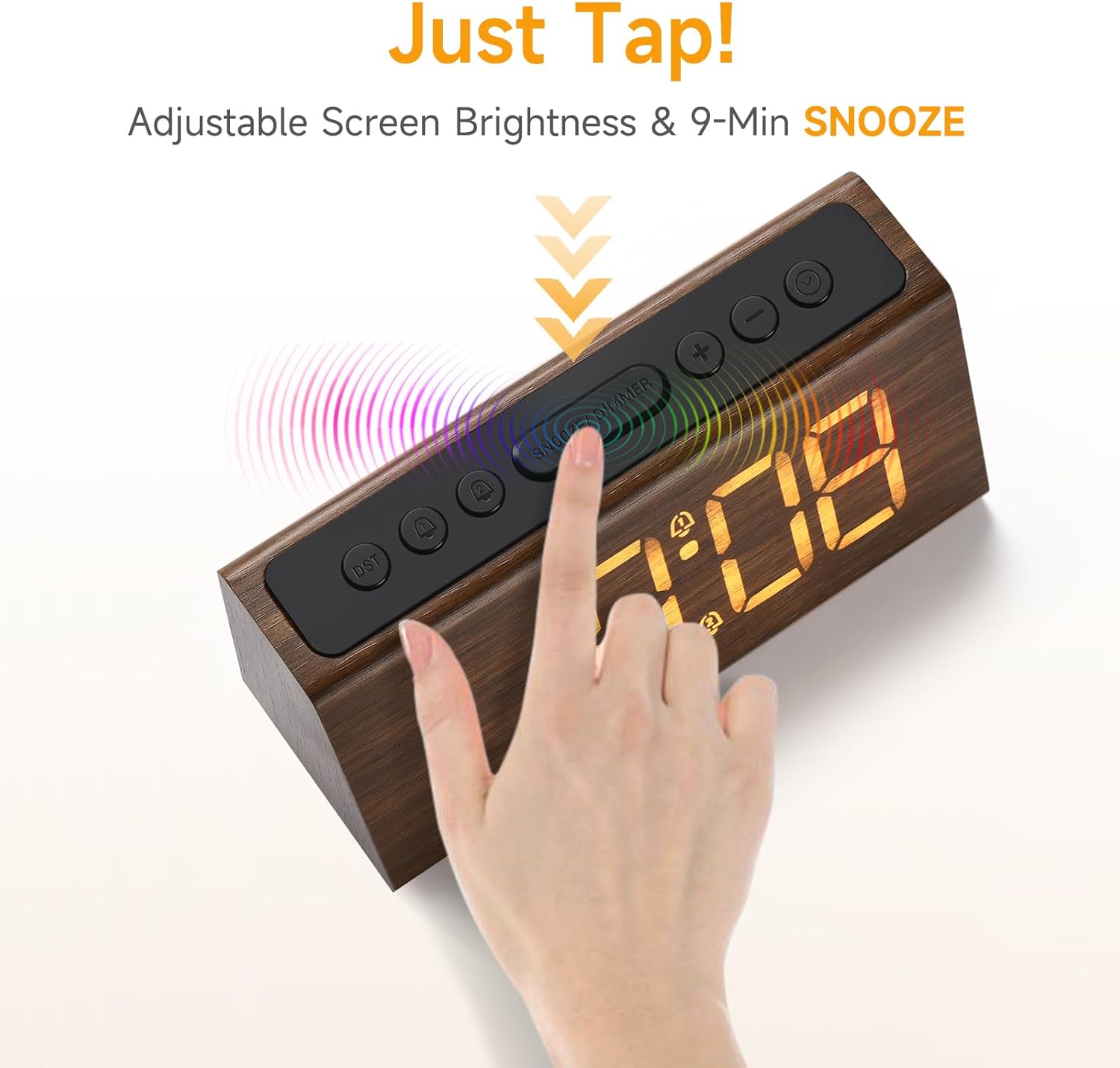 Cadmos Wooden Digital Alarm Clock for Bedroom,Electric Desk Clock with USB Port,Loud Alarm for Heavy Sleepers,Adjustable Volume & Dimmer,Snooze,DST,Wood Decor,Bedside & Desk Us(Brown - Amber Digits) - Image 5