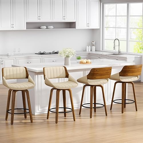 Miniatura 9 de Juego de 2 taburetes de bar, taburetes de bar giratorios de 26 pulgadas con respaldo y patas de madera curvada de nogal, modernas sillas de bar