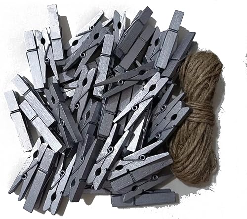 Pinzas de madera plateadas de 1.8 pulgadas para colgar fotos, tendedero, tarjetas de Navidad colgantes con cordel de yute, paquete de 50