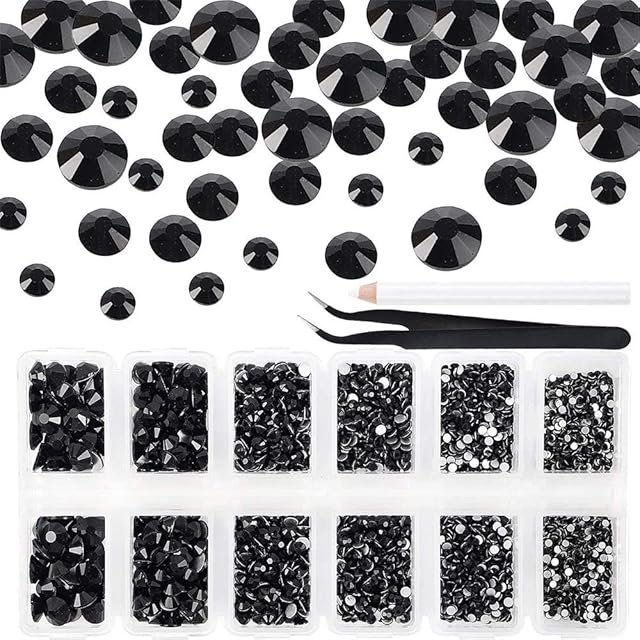 Feliciay 2016PCS Round Crystal 1.6-6.5 MM Flat Back Gems Rhinestones Crafts Glass Charms Stones Beads Art Clothes Shoes Bags Nails Decoration Element Diamonds Jewelry (Black, 6 Sizes)