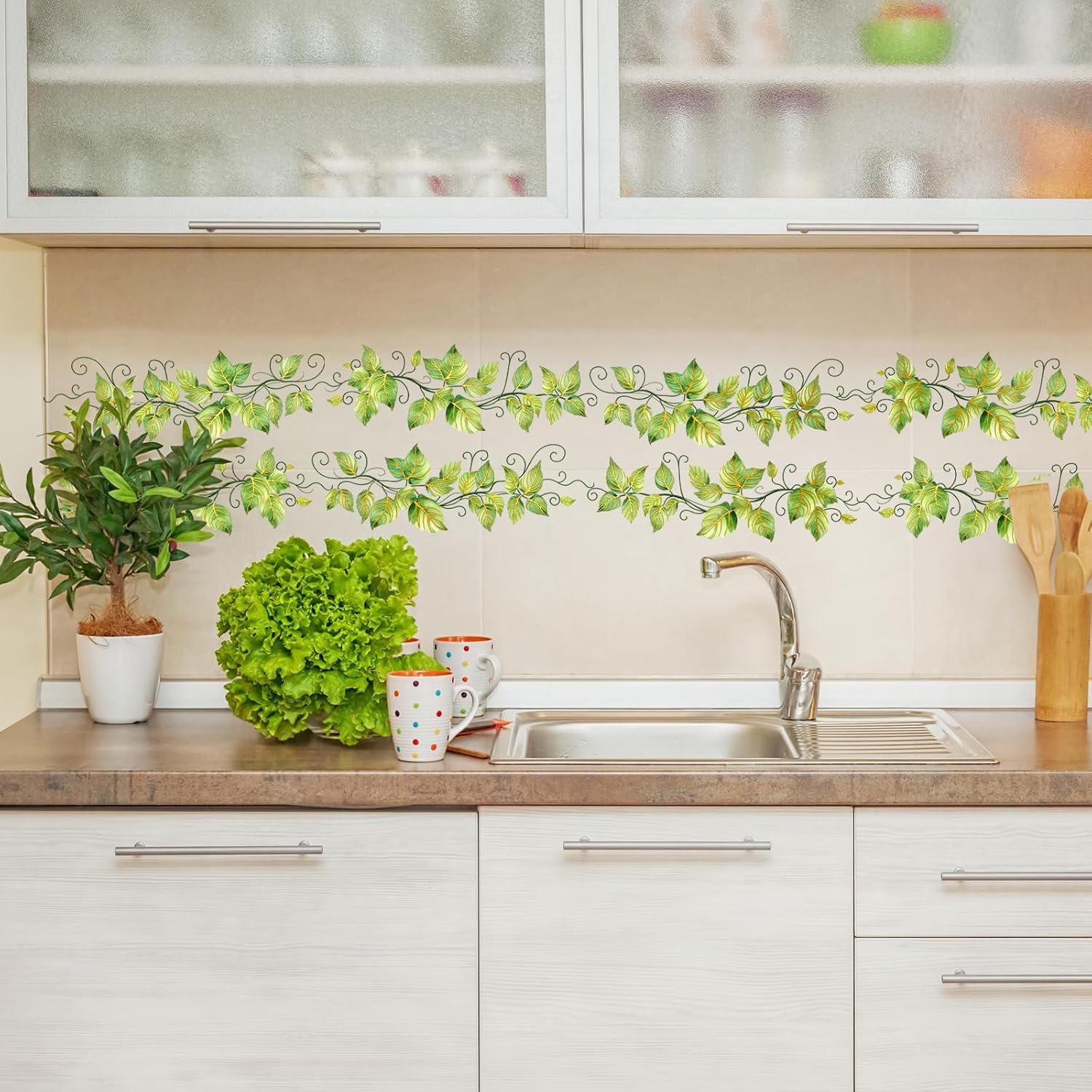 Ivy Vines Wall Stickers 6 Sheets Summer Green Plant Wall Decals for Home Kitchen Room Decor (Ivy Vine)