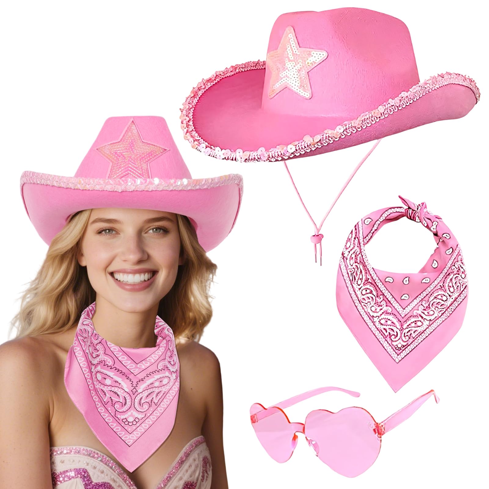 Meriviva Cowboy Hat Women, 3Pcs Western Cowgirl Hat Set including Bandanna Glasses