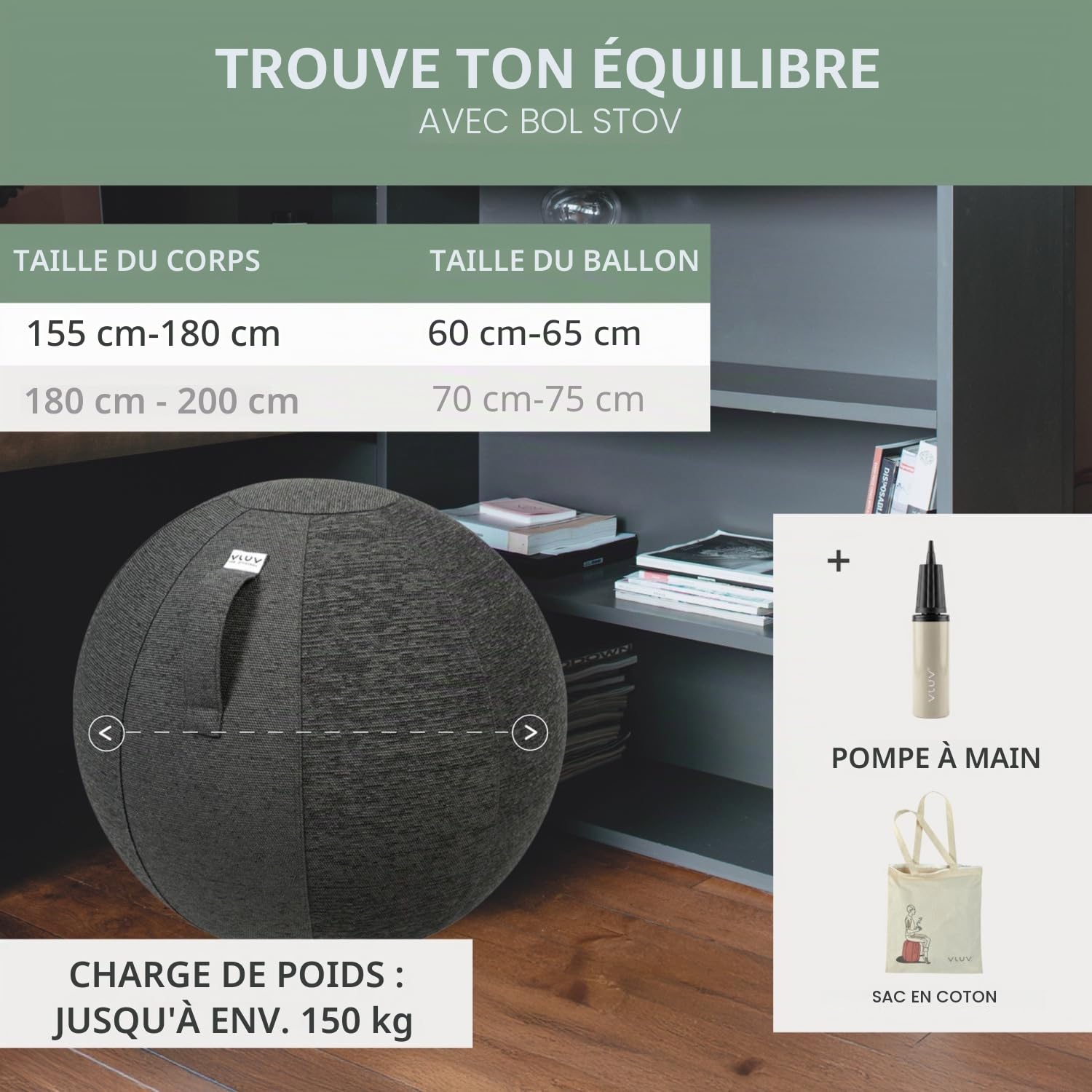 Ballon-siège VLUV STOV, siège ergonomique pour le bureau et la maison, couleur: Anthracite (gris foncé), Ø 60cm - 65cm, Tissu d’ameublement de qualité supérieure, robuste et indéformable avec une poignée de transport