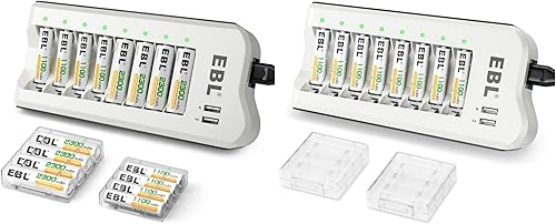 EBL Cargador de batería inteligente de 8 bahías con 8 paquetes de baterías recargables AA y 16 pilas AAA recargables, 16 paquetes