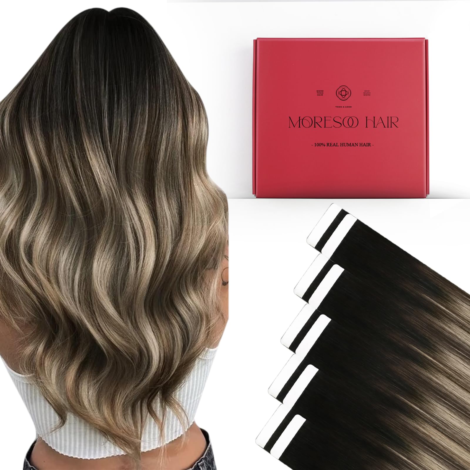 Moresoo Tape in Hair Extensions Human Hair,20 Inch 10 Pcs 25 Gram,#1B/3/27 Black to Dark Brown with Caramel Blonde, Seamless Hair Extensions Fashion