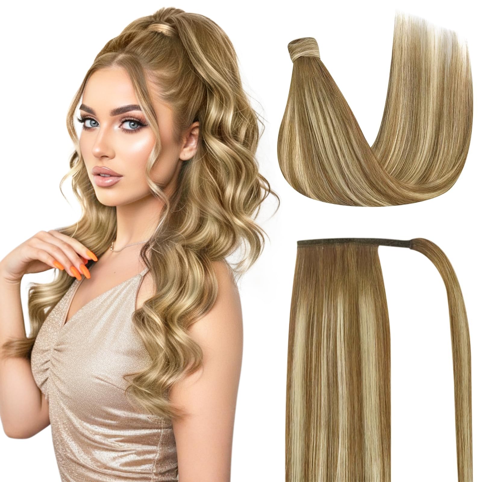 Ve Sunny Hair Extensions Ponytail Real Human Hair Wrap Around Clip in Ponytail Hair Extensions Straight Extensions Human Hair for Women Chestnut Brown