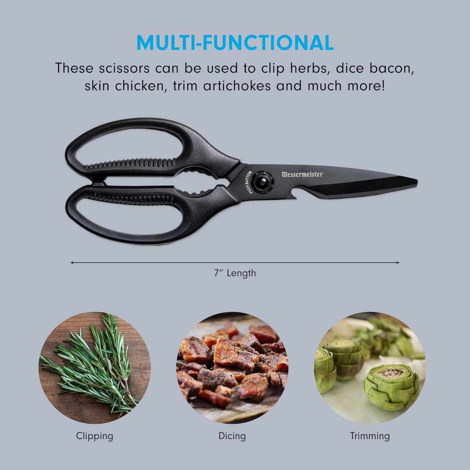 Messermeister 7-Inch Push Button Precision Shears, Titanium Black - High-Carbon Stainless Steel & Soft-Grip Handles - Includes Nut Cracker & Bottle Opener