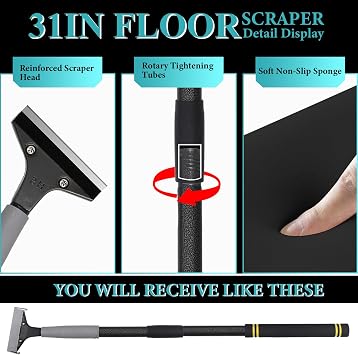 Floor Scraper Heavy Duty Long Handle,31in 4 Razor Blade Floor Scraper Adjustable with 10PCS Extra Metal Blades Paint Scraper for Cleaning Stickers Gum Glass Wall Tile Linoleum Stove Top