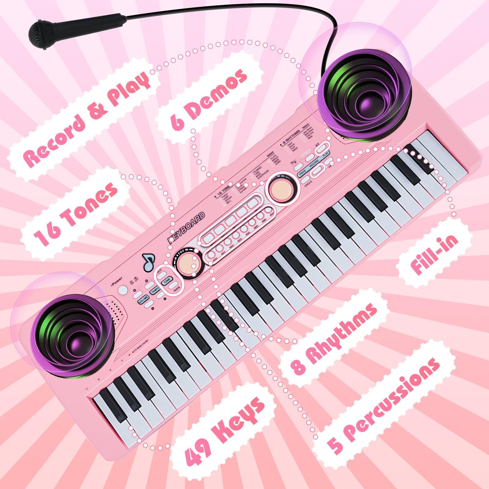 Piano Teclado Infantil Juguetes para Edades 3-5 49 Teclas Teclados Electrónicos con Micrófono Juguete Musical Regalos para Niños y Niñas de 3 4 5 6 7 Años