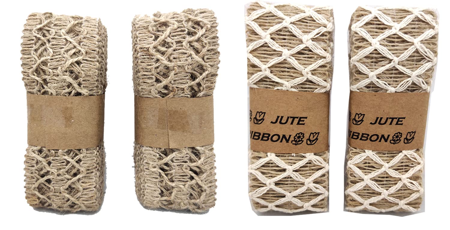 Just Flowers Natural Burlap Lace Ribbon Mesh Burlap Ribbon Weeding Ribbon Trim Craft Wrapping Ribbon for Holiday Party DIY Handmade Artist Home Decoration Packaging (Pack of 4 Design Ribbons)