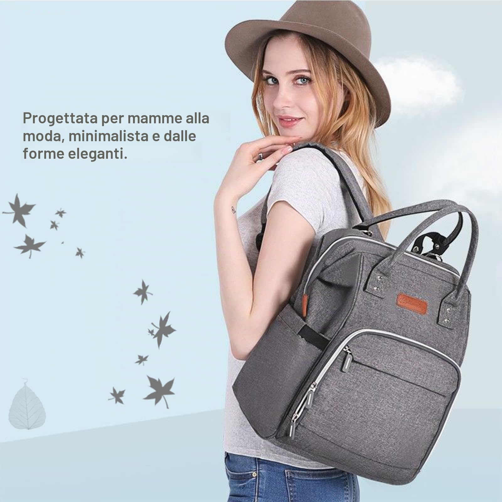 Zaino per pannolini, multifunzionale, grande capacità, borsa da viaggio, con borsa termica, tracolla regolabile, zaino con 2 cinghie per passeggino (grigio), grigio., Große Kapazität