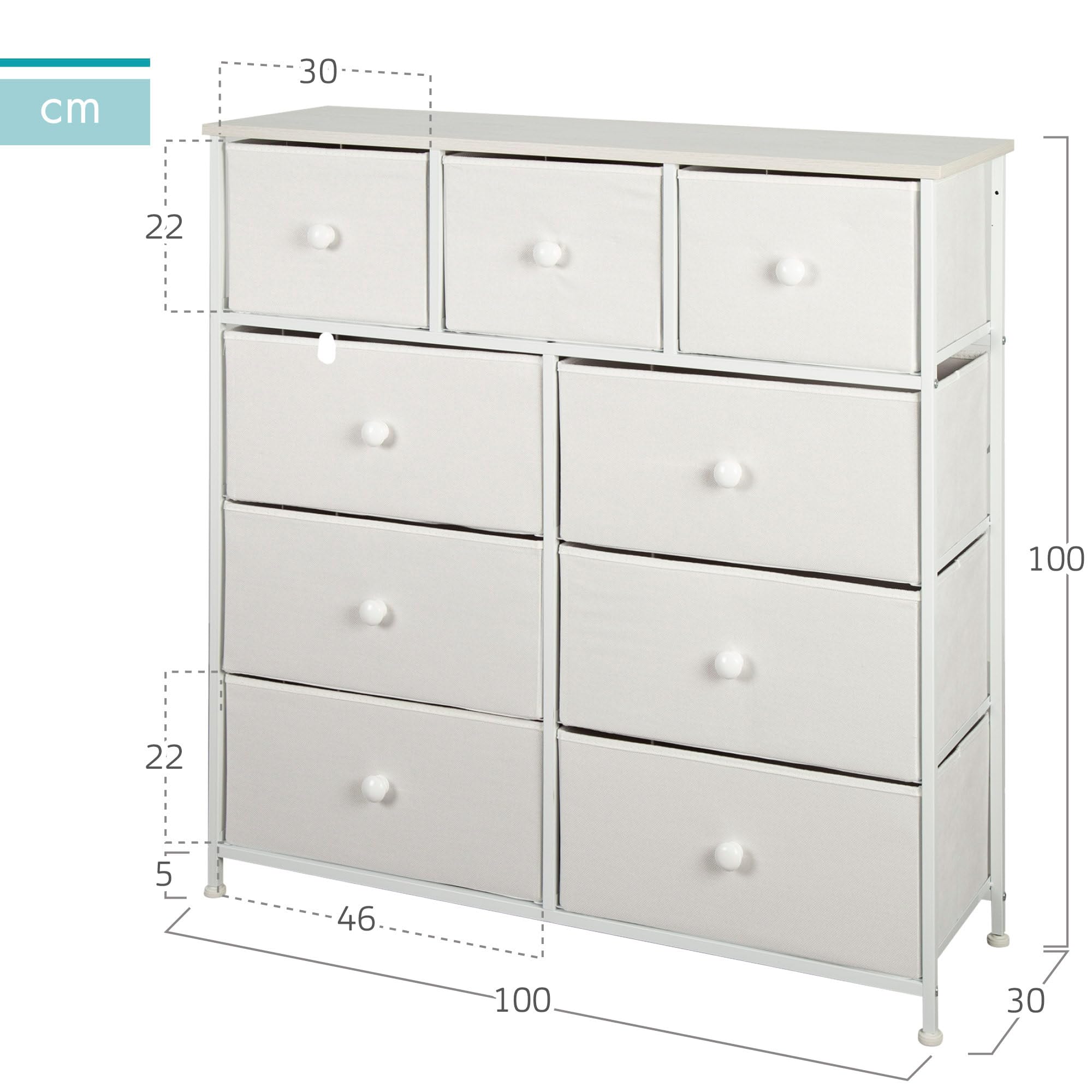 AKTIVE Max Home Cómoda dormitorio multiusos, 9 cajones de tela ligeros, 100x30x100 cm, Estructura acero, Tablero madera, Color blanco, Con sistema de nivelación, Organización, Almacenamiento (18407)