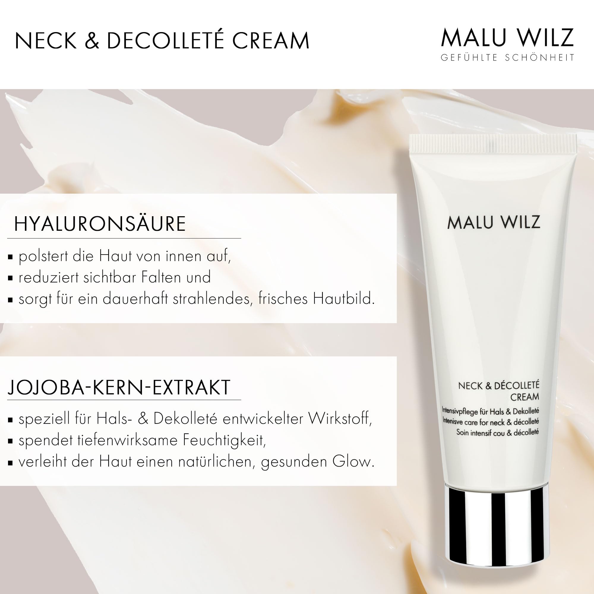 Malu Wilz Neck & Decolleté Cream 75ml I Aufpolsternde Creme für Hals und Dekolleté I Anti-Aging Pflege mit Hyaluron & Jojoba, straffend & feuchtigkeitsspendend, gegen Falten, schnell einziehend