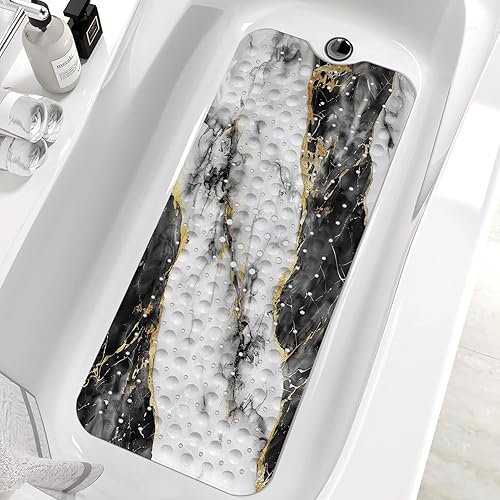 Blcak - Tapete antideslizante para bañera de mármol dorado y blanco, tapete de baño antideslizante para ducha, tapete de ducha grande lavable para