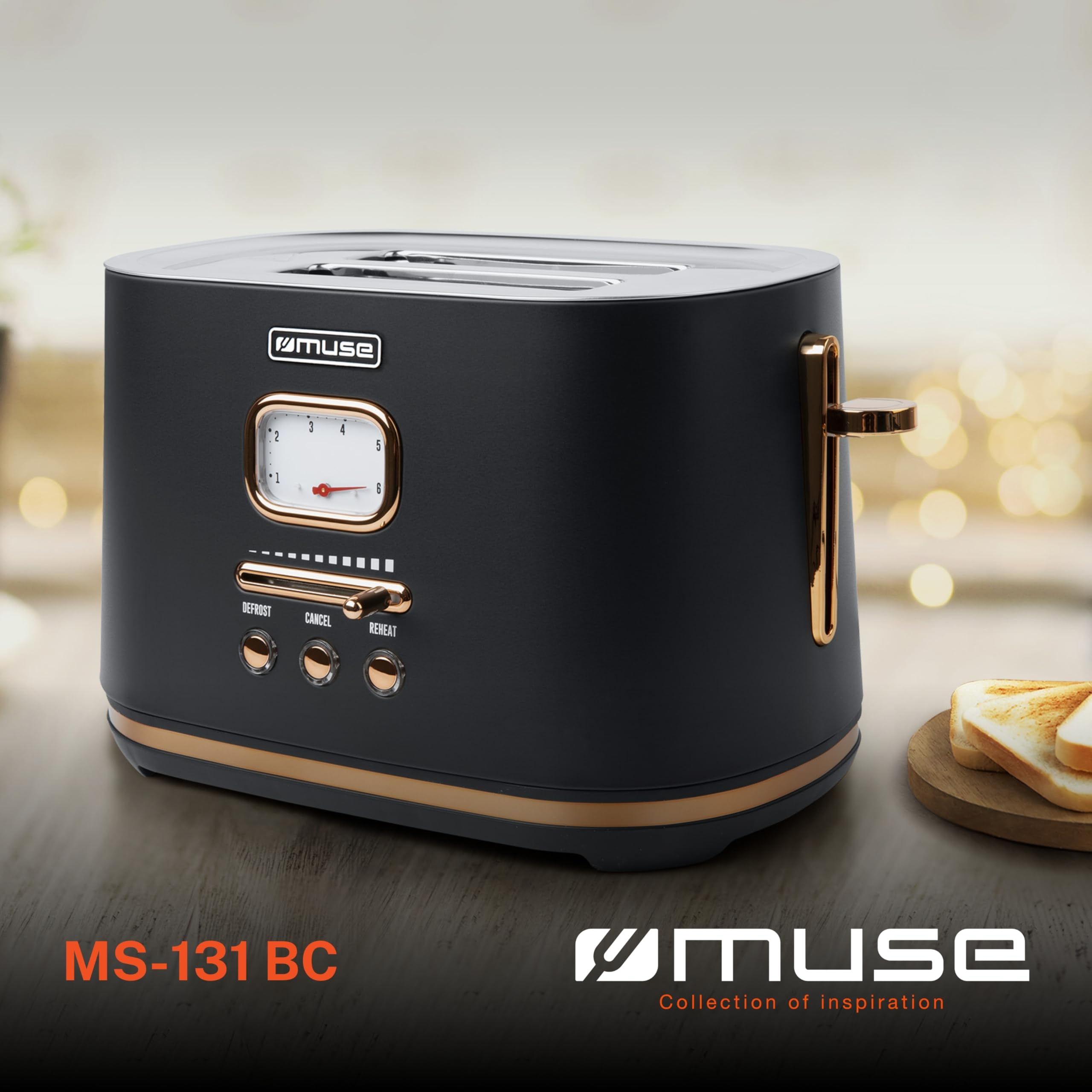 Muse Edelstahl-toaster im schwarzen retro Design, analoge Anzeige, beleuchtete Tasten, 6 Bräunungsstufen, 2 Scheiben, MS-130 BC, Vintage Look, mit Krümelschublade