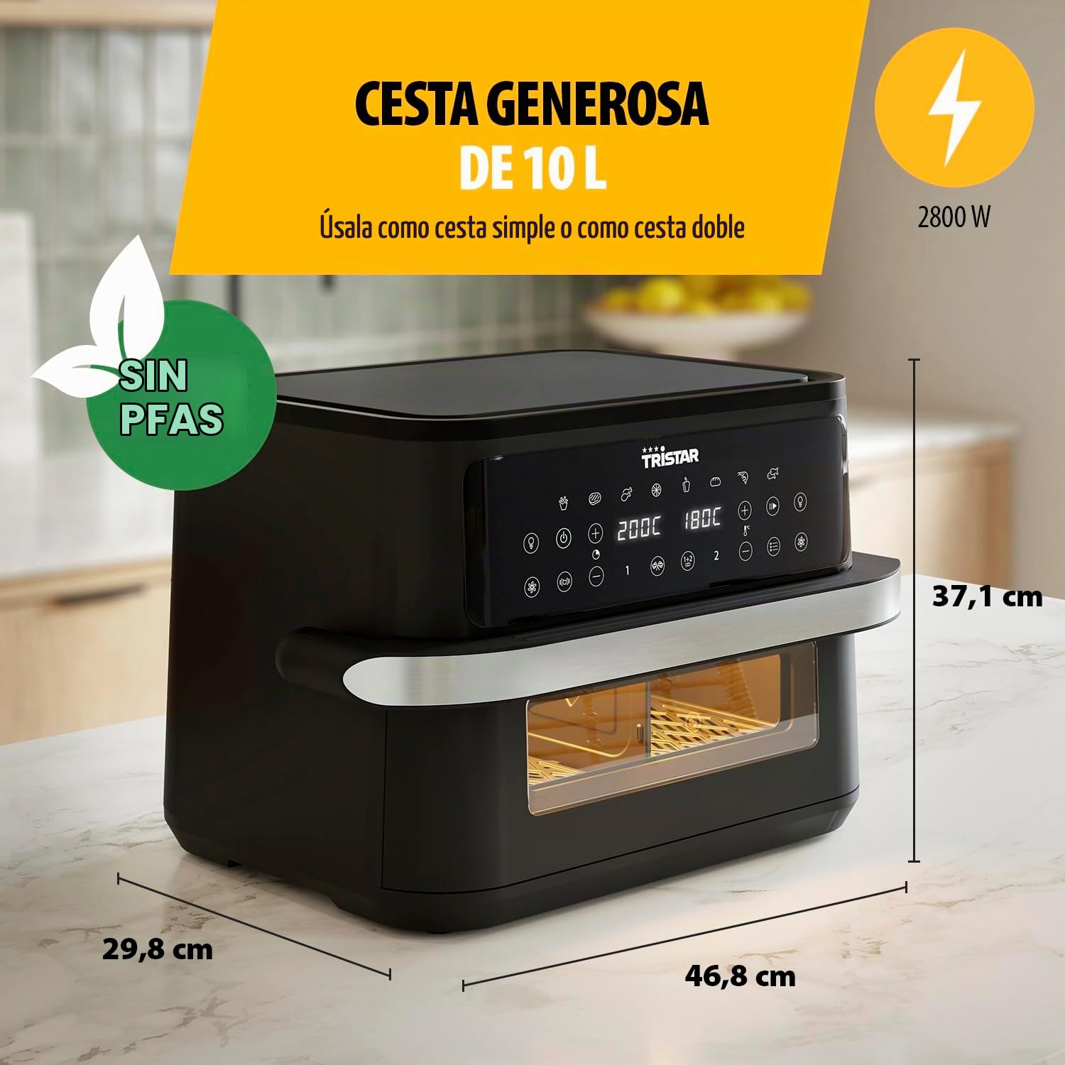Tristar Freidora de Aire Dualzone Flex, Capacidad 10 L, 2800 W, 8 Programas, Pantalla Digital, Cocina Sin Aceite, Apagado Automático, Antiadherente, Apta Lavavajillas, FR-9432
