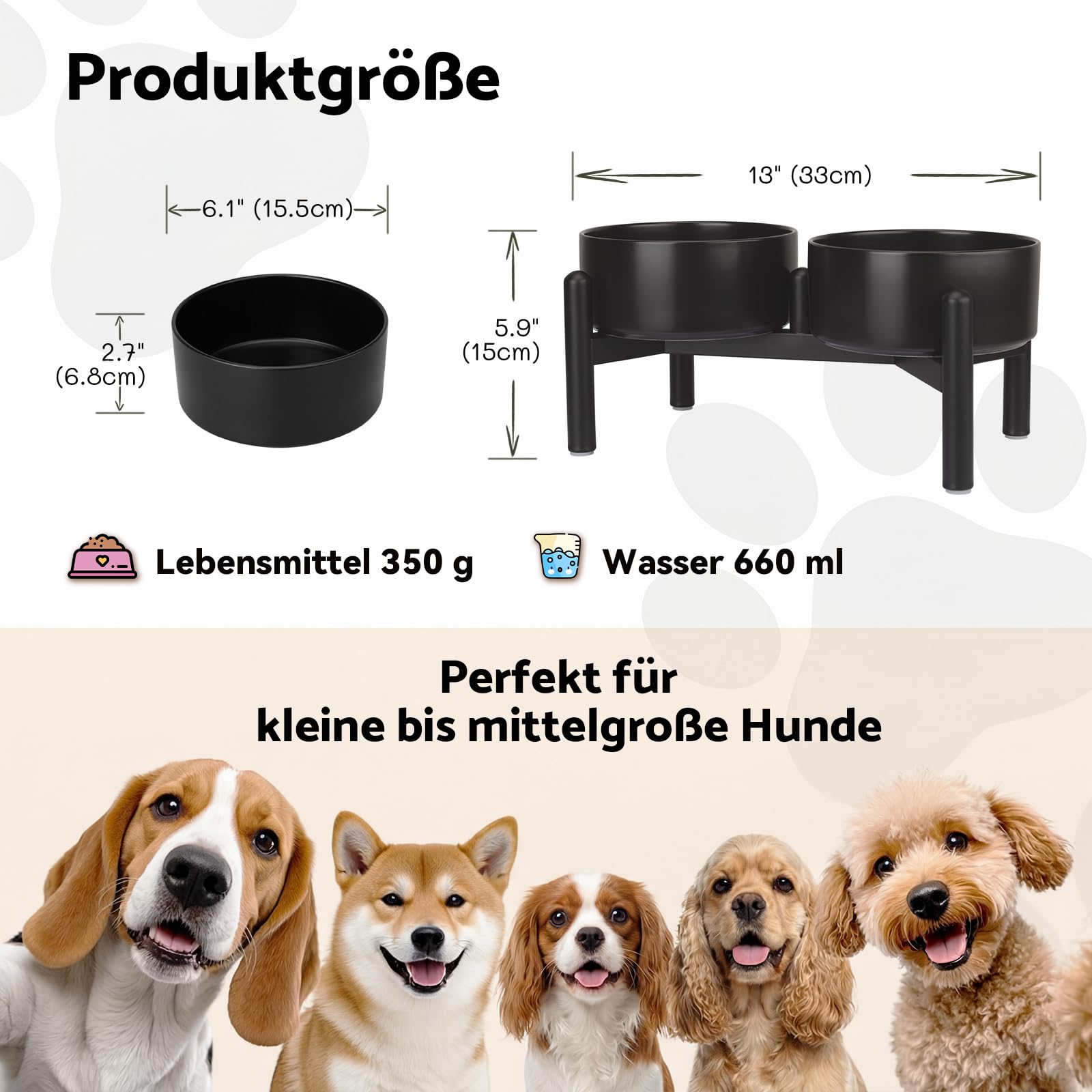 Futternapf Hund Erhöht Hundenapf Set - Doppelte Fressnapf Keramik mit Edelstahlständer - Ideal für Kleine und Mittelgroße Hunde - 660 ml x 2 - Grau