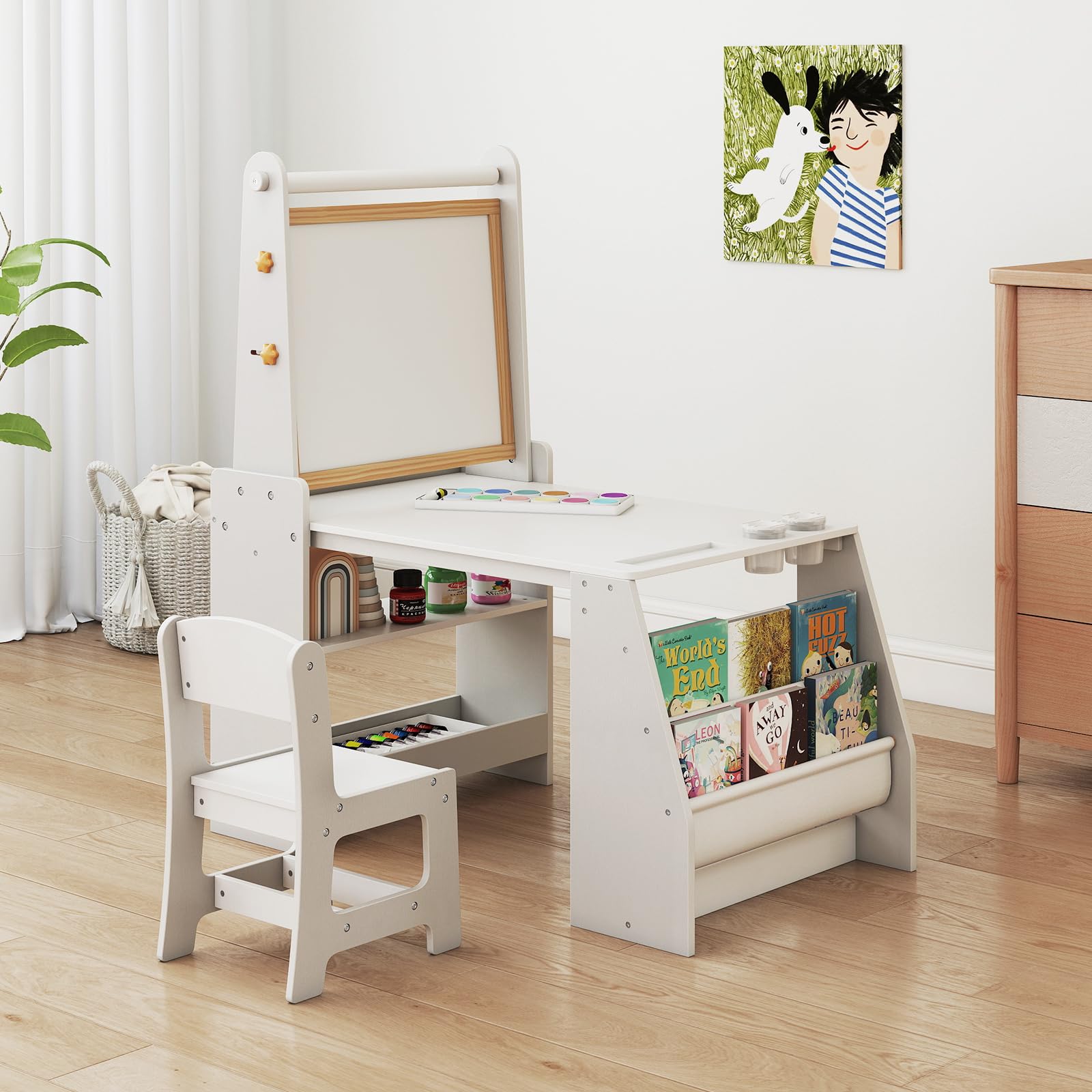 COSTWAY Set 3 in 1 Tavolo e Sedia per Bambini 3+ Anni, Tavolo in Legno Sicuro con Lavagna, Sedia, Lavagna Bianca, Rotolo di Carta, 2 Ripiani Aperti e Libreria a 2 Ripiani, Ideale per Disegno (Grigio)