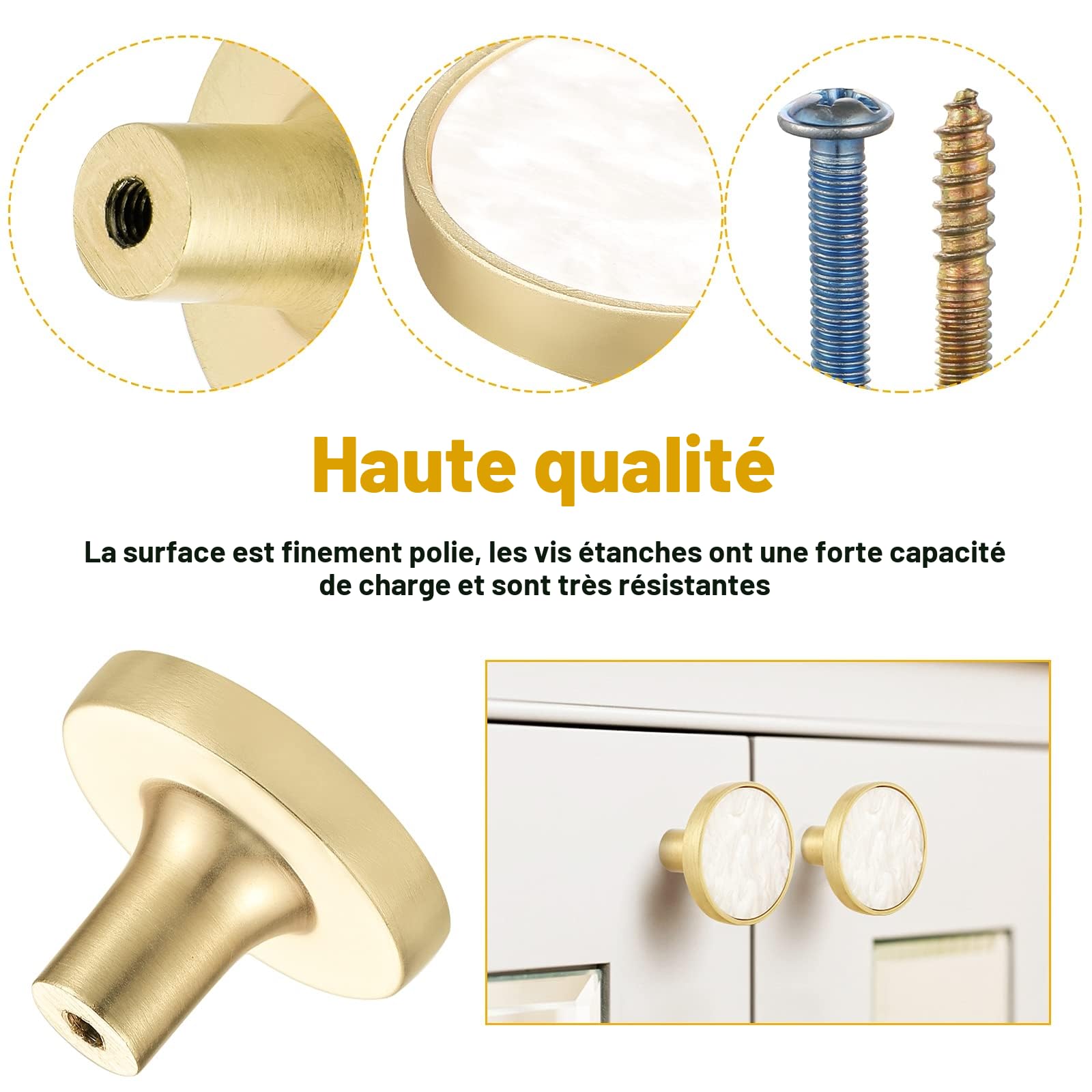 Kyrio Lot de 8 boutons de placard en laiton et marbre ronds blancs - Poignées décoratives pour tiroirs, armoires, meubles de cuisine