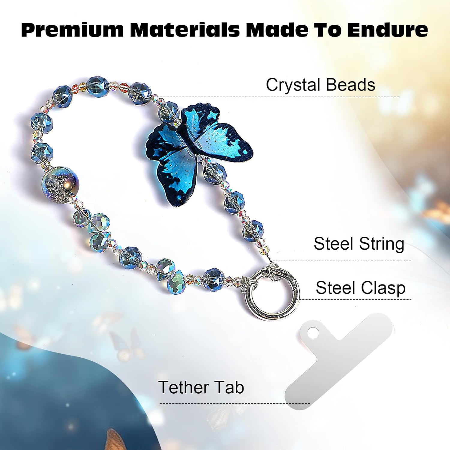 Cute Phone Charm Wrist Strap with Spacer,Butterfly Beaded Phone Chain Wristlet for Case Cellphone Chain Lanyard - Image 3