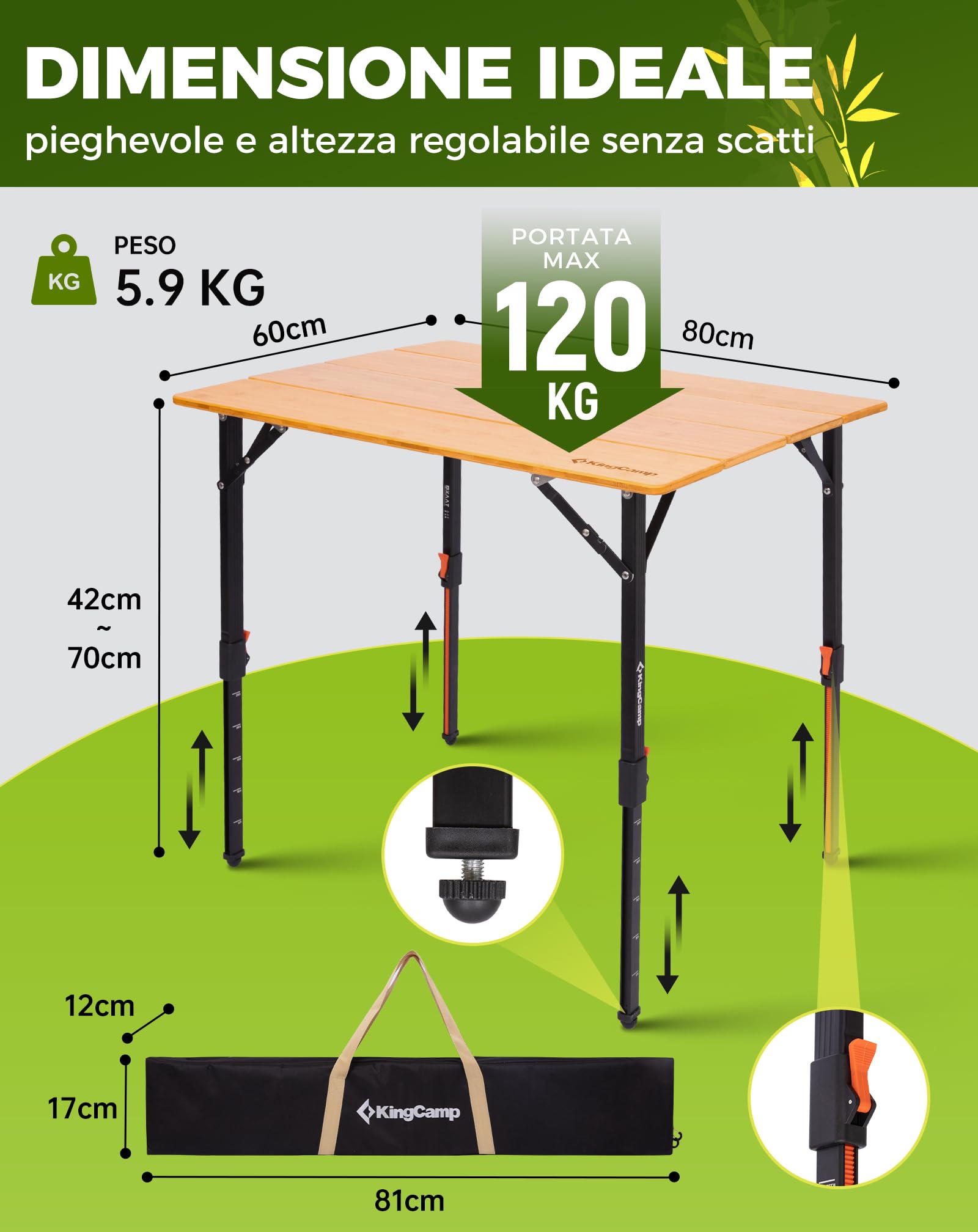 KingCamp Tavolo da campeggio pieghevole in bambù naturale, regolabile in altezza (42-70 cm), portata 120 kg, robusto pieghevole per campeggio, giardino e picnic