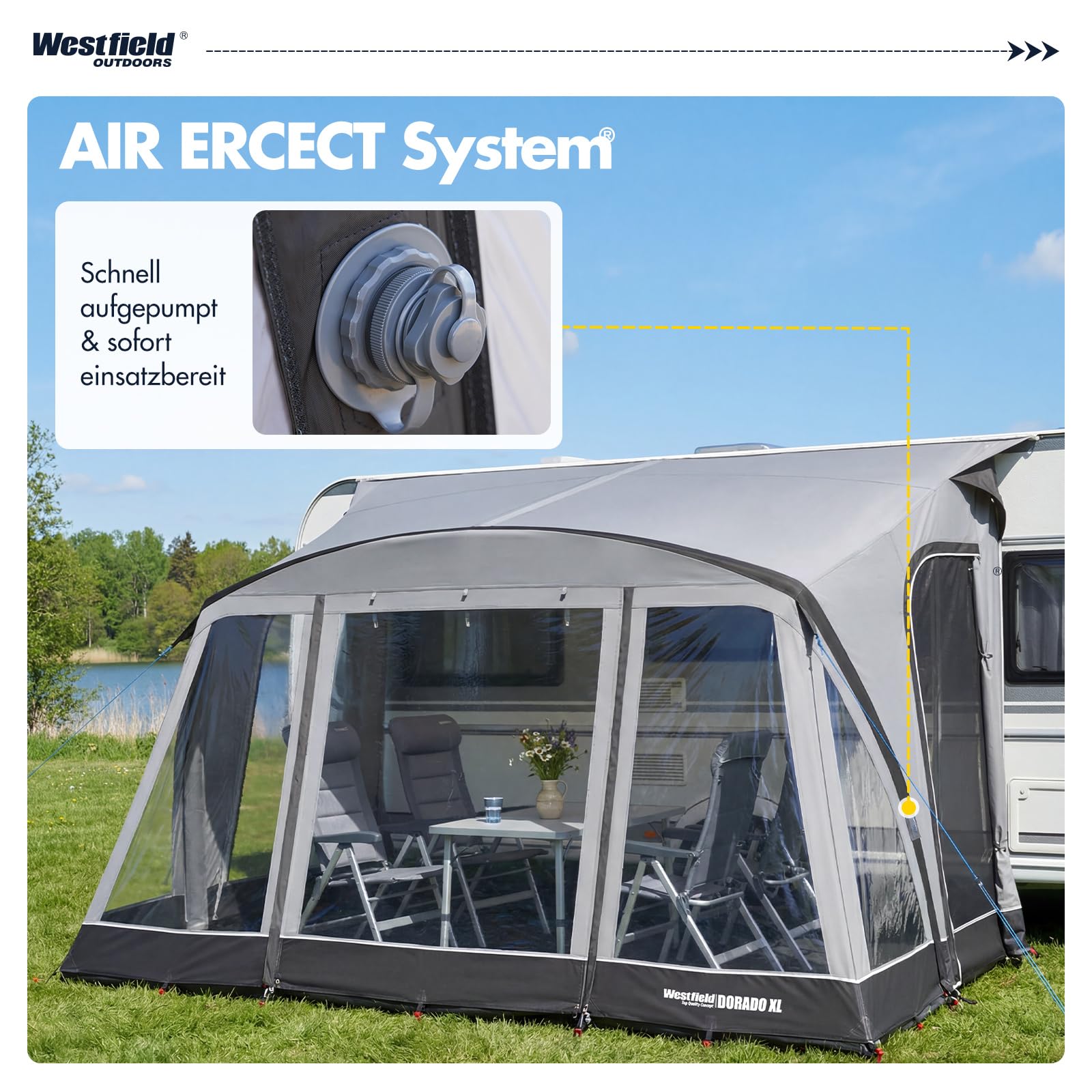 Westfield Outdoors Dorado XL 375 x 250 cm aufblasbares Vorzelt, Wohnwagenvorzelt, Wasserdicht 3000 mm, UV-beständig, Panoramafenster & Moskitoschutz, inklusive Pumpe & Tragetasche