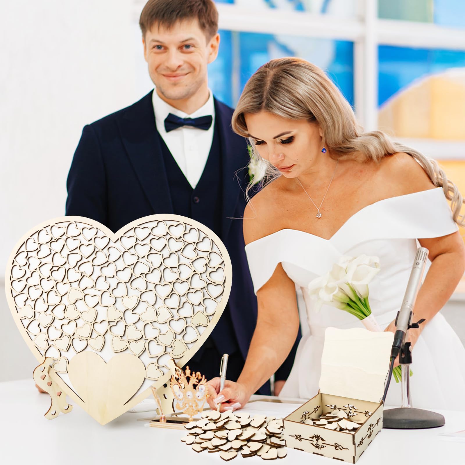 Libro degli ospiti per matrimonio, personalizzabile, in legno, a forma di cuore, alternativa con base, scatola e 100 biglietti di firma a forma di cuore in legno, decorazione per matrimonio