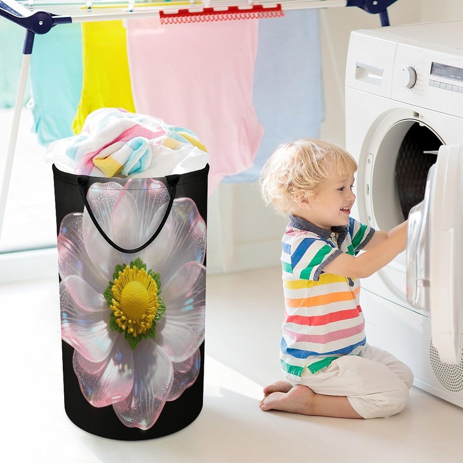 Glazed Fantasy Blossom Laundry Hamper with Handles Waterproof Collapsible Laundry Basket Large Lightweight Round Dirty Clothes Hamper for Home Dorm Bathroom Decor