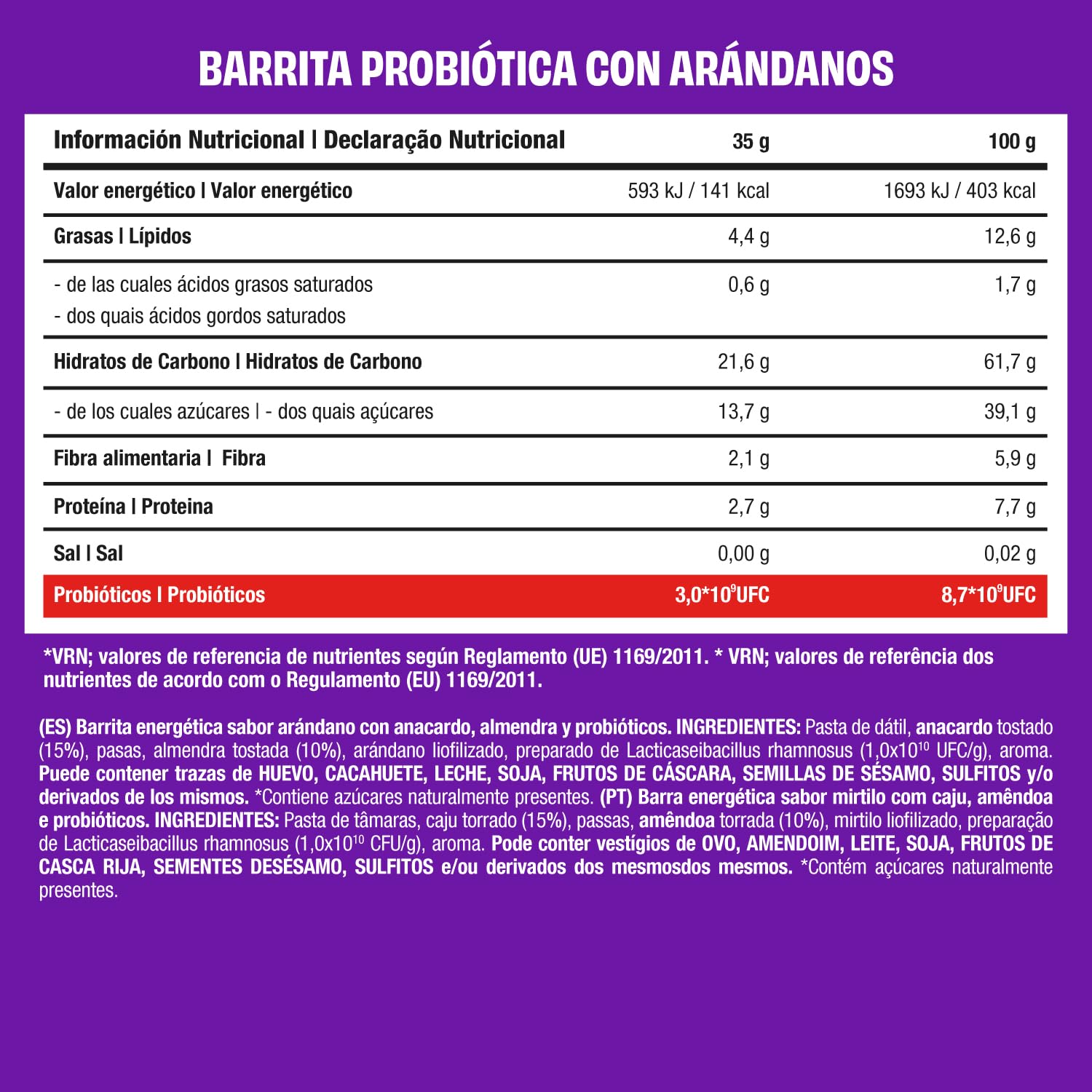 JustLoading Barrita con Probióticos Arándano | Sin Gluten·Lactosa | 42x35g | Con probióticos activos, equilibra flora intestinal. Energía sostenida sin pesadez. Proteína vegetal, fibra. Sin azúcares.