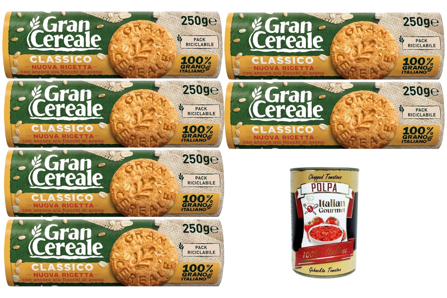 Italian Gourmet Lot 6x Gran Cereale Classico 250g – Biscuits Céréales & Flocons d’Avoine, Goût Authentique, Idéal Petit Déjeuner & Goûter, Format Économique + Italian Gourmet Polpa