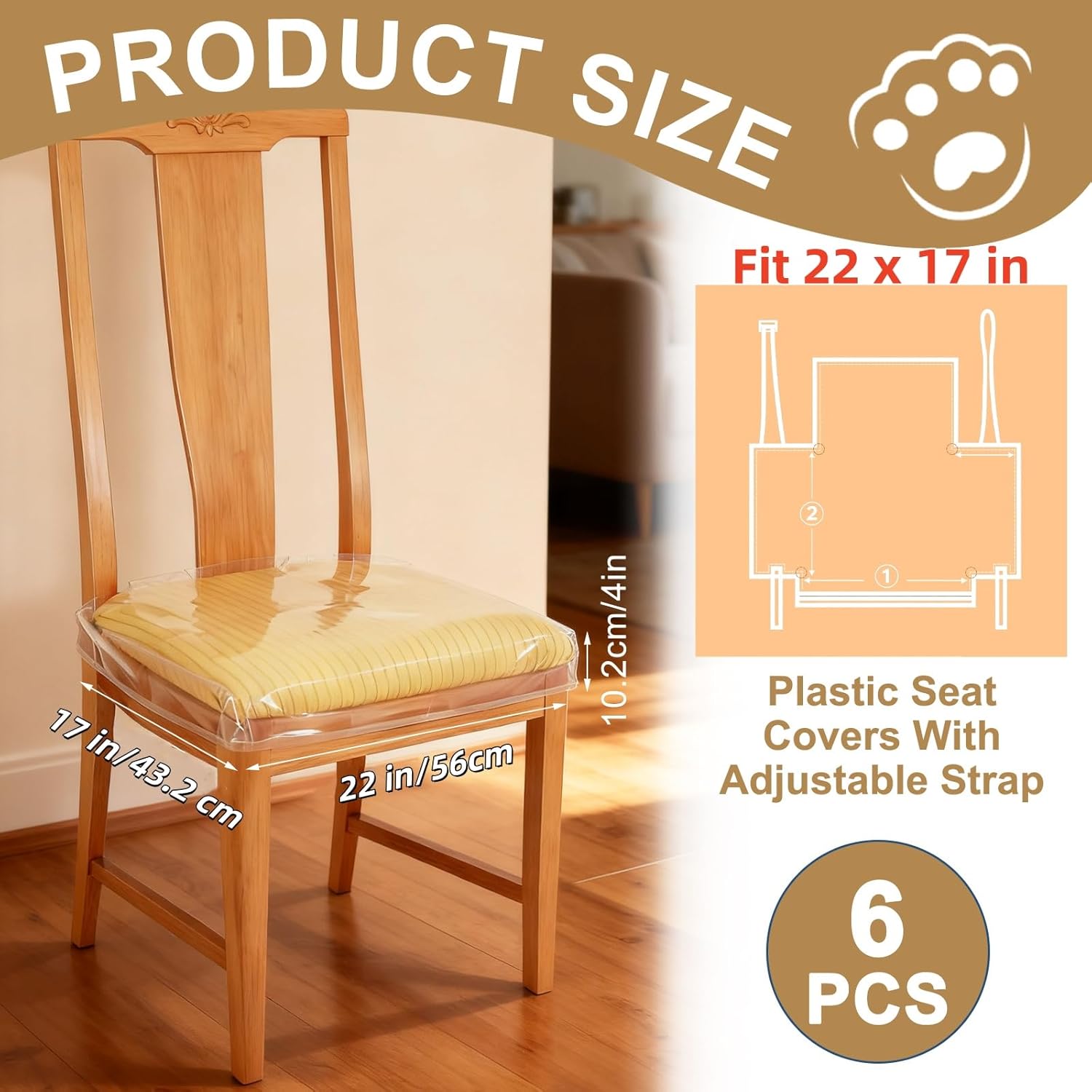 6 Pack Plastic Seat Covers for Dining Chairs, Plastic Chair Covers for Dining Chairs, Plastic Dining Chair Covers PVC Seat Protector, Waterproof Kitty Scratch Resistant for Most 21"- 23" Chair X-Large