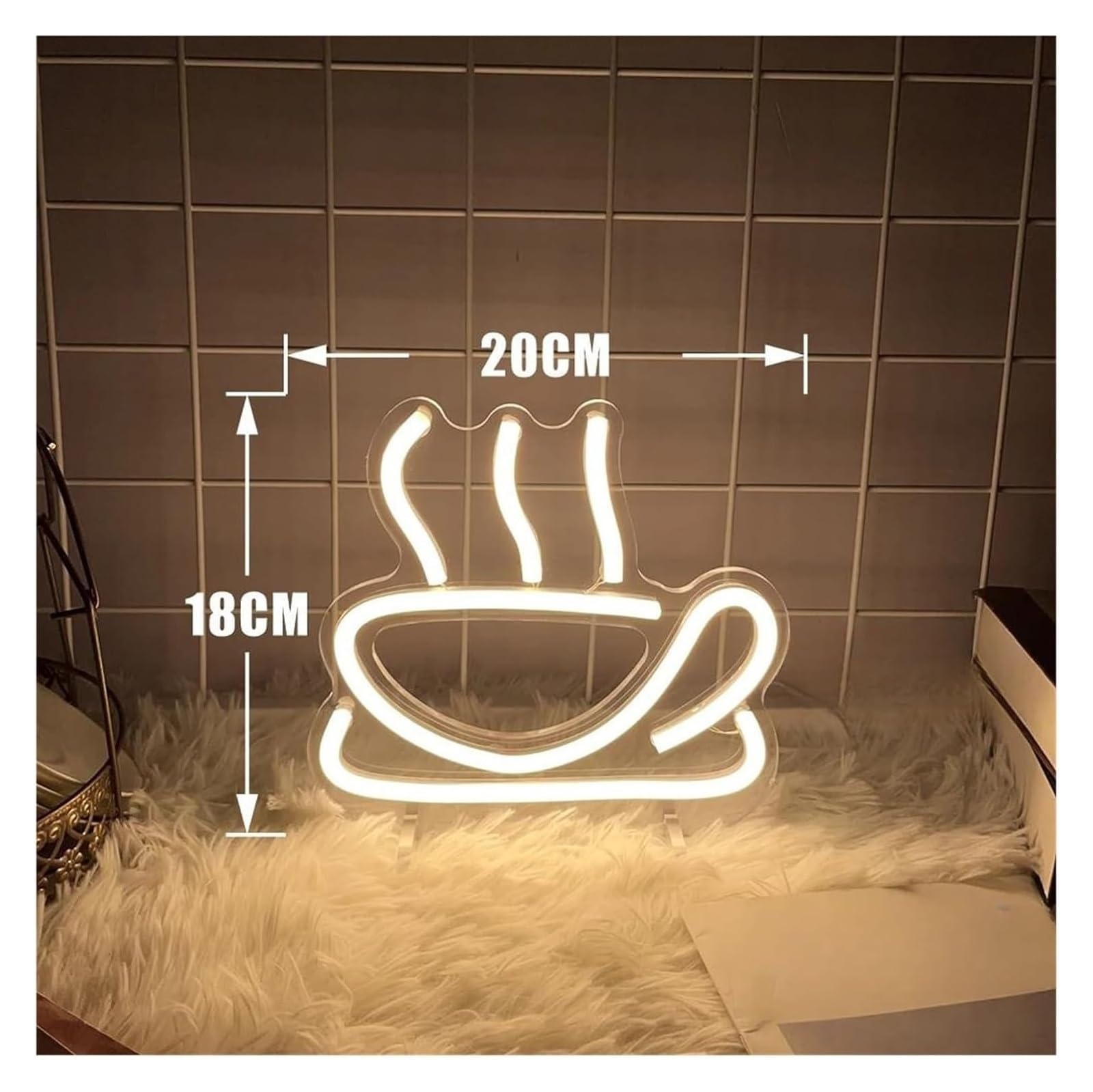 Generico Decorazione luminosa al neon Tazza da caffè per insegne per decorazioni murali per luci LED dimmerabili(Beige)