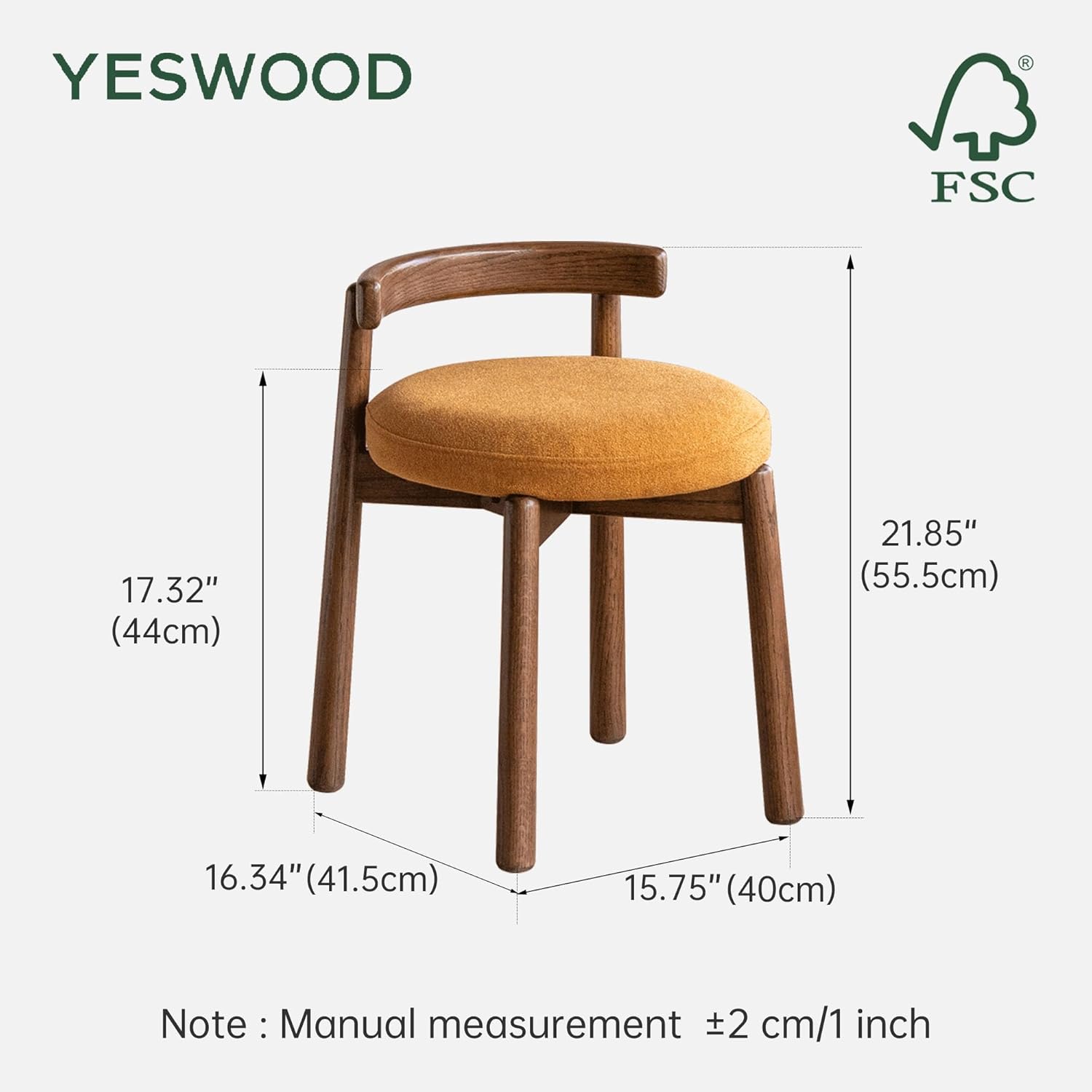 YESWOOD Oak Wood Vanity Stool, Makeup Chair for Makeup Room, Fully Assembled Vanity Seat, Vanity Bench for Bathroom & Living Room, Walnut Color, Non-Rotating