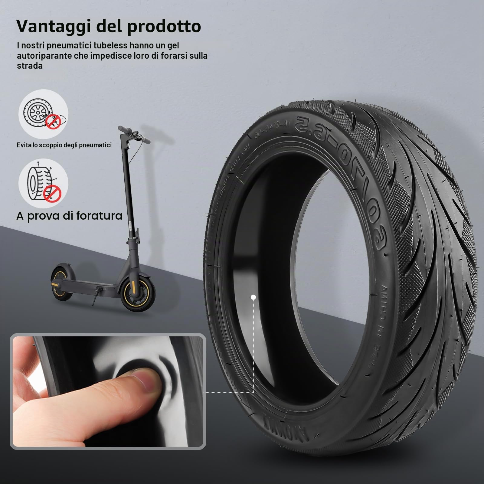 60/70-6.5 Ruota a Vuoto Autoriparabili con Valvola per Ninebot Max G30 Monopattino Elettrico, Pneumatico Tubeless con Antiforature e Antiusura, 10 Pollici Gomma di Ricambio con Antiscivolo