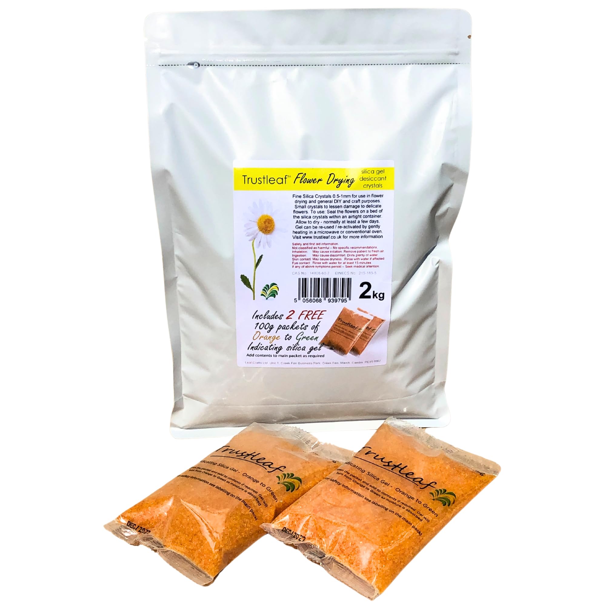 Trustleaf 2kg Bag of White Flower Drying Silica Gel Crystals (Grain/Sand 1mm) Plus 2x100g Packs of Indicator