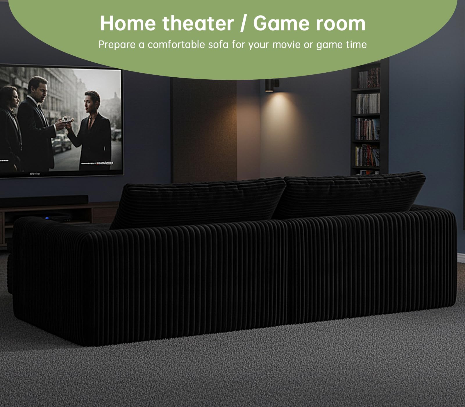 Boneless Couch 91" Cloud Sofa 3-Seater Sectional Couches for Living Room, L-Shape Sofa with Ottoman, Comfy Flannel Fabric Oversized Loveseat Recliner Lounge Chaise with 2 Throw Pillow (Black)