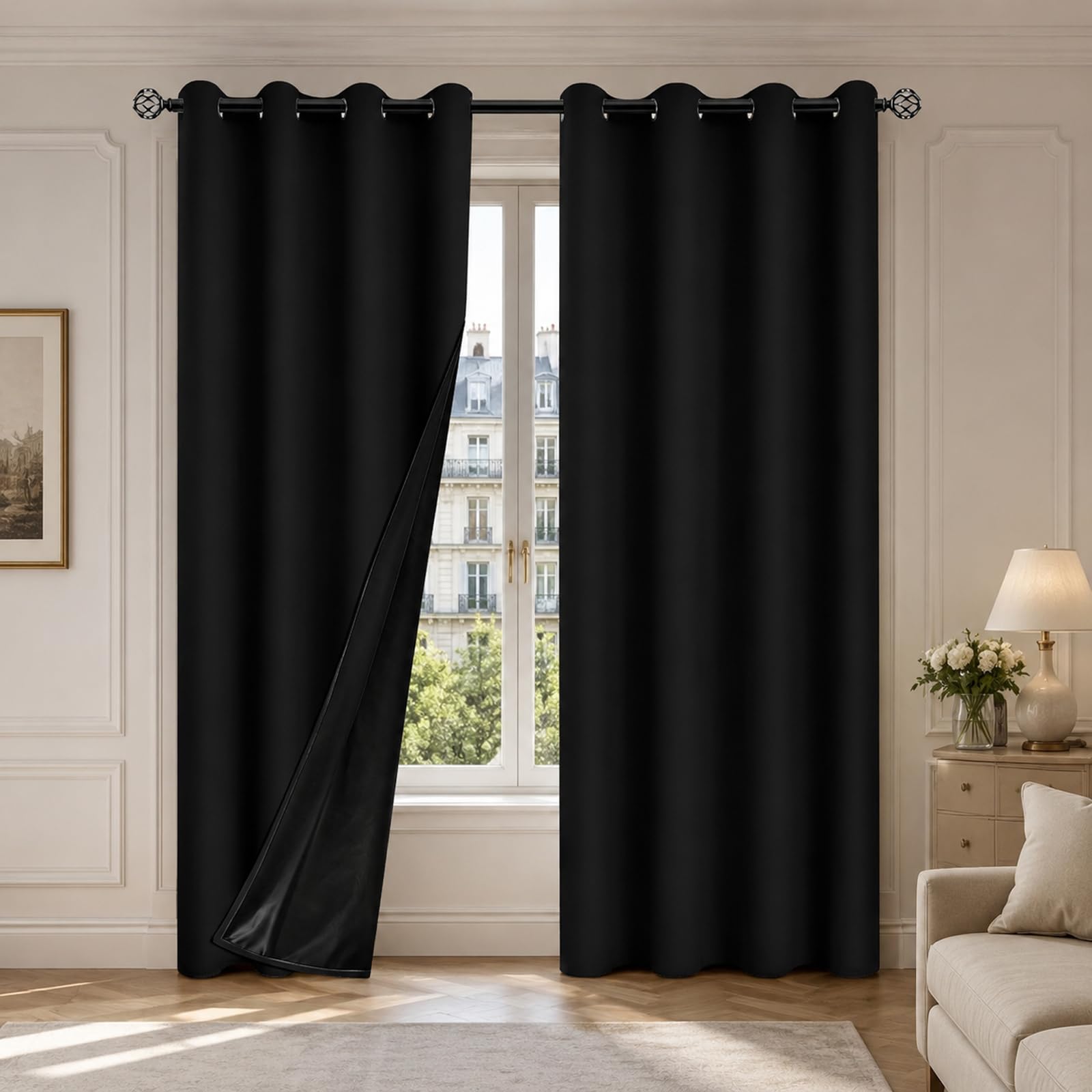 SSWH Blackout Curtains Thermal Insulated Eyelet Curtains with Black Liner, Full Light Blocking Room Darkening Window Drapes for Bedroom Living Room(Size:132x160cm/52 W x 63" L(2 Panels),Color:Black)