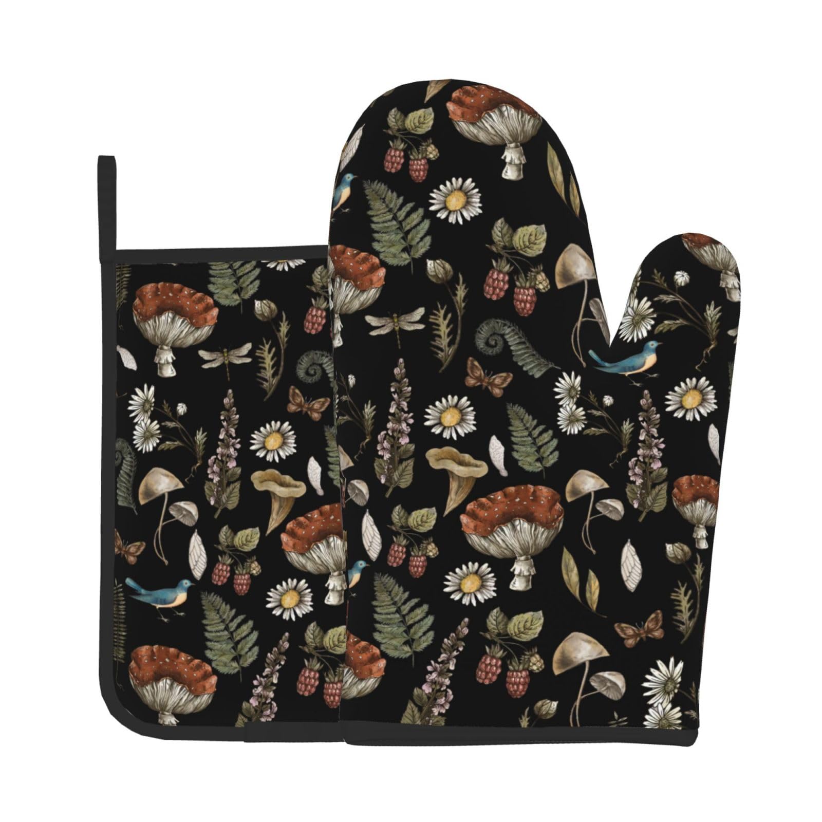 Mushroom Forest Oven Mitts and Pot Holders Sets Wildflowers Oven Gloves Heat Resistant Vintage Butterfly Daisy Leaf Kitchen Mitts Black Hot Pads Two Piece Set for Cooking Baking Grilling BBQ